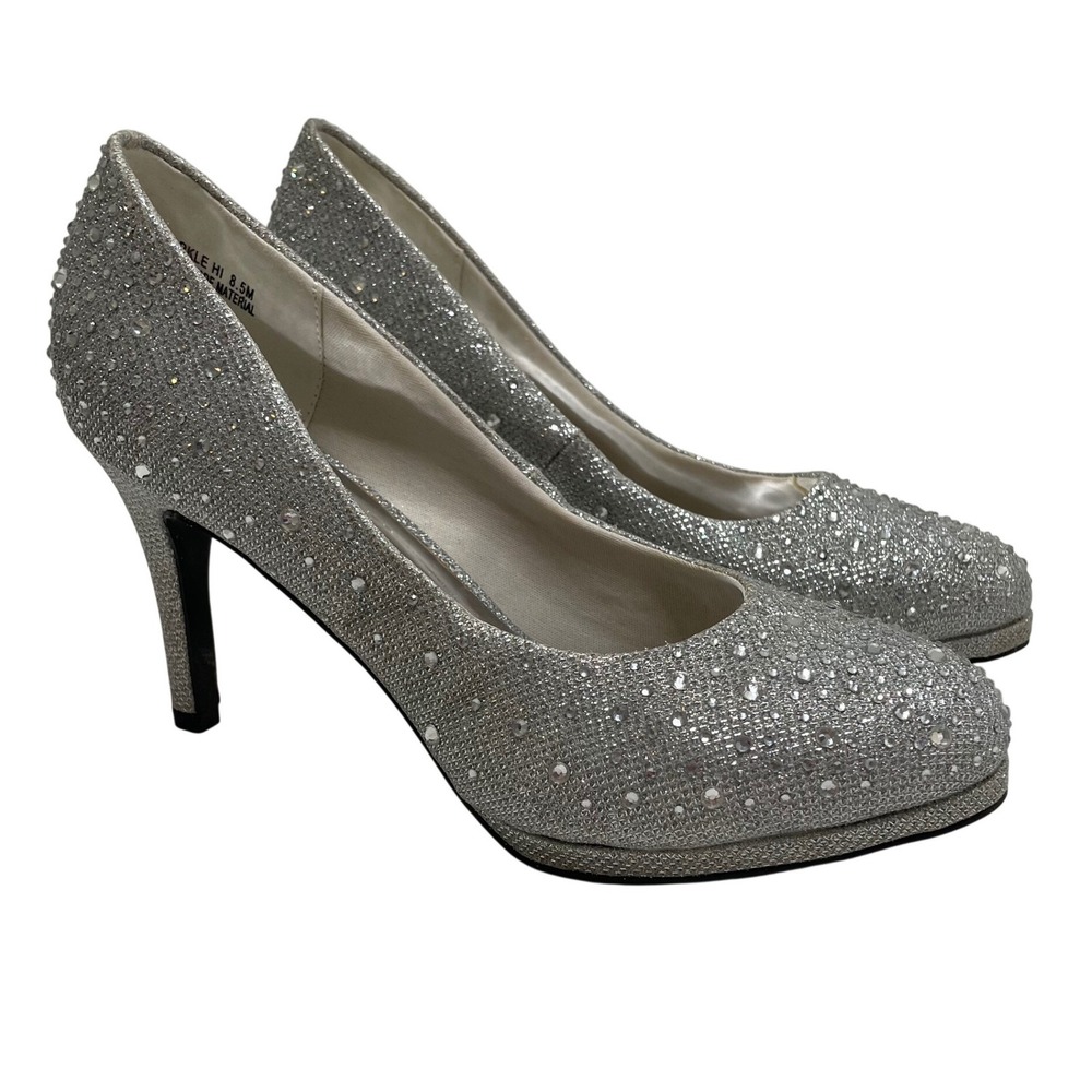 Sparkle Silver Rhinestone Platform Heels Pumps 8.5M Formal Glam Fairycore Baddie